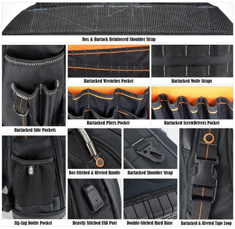77 Pocket Electricians Tool Backpack With Hard Moulded Bottom And 65 Pcs Molle Loops Four Compartments Titanium Hook Waterproof Design For HVAC Construction And Field Techs A Gear Carrier For Tough Job Sites with detailed pocket layout and reinforced features.