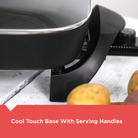 Close-up of electric skillet cool-touch handle with tempered glass lid. Electric Skillet With Variable Temperature Control And Nonstick Cooking Surface For No Mess Easy Cleanup Dishwasher Safe Tempered Glass Lid 12 By 15 Inch Pan For Searing Sauteing Simmering And Quick Weeknight Meals.