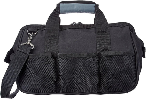 Durable Wear-Resistant 12-Inch Tool Bag With 16 Pockets, Adjustable Shoulder Strap, in black and gray, front view