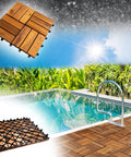 Acacia Wood Interlocking Deck Tiles 12x12 Inch Pack Of 9 For Indoor And Outdoor Use Waterproof All Weather Flooring by a pool.