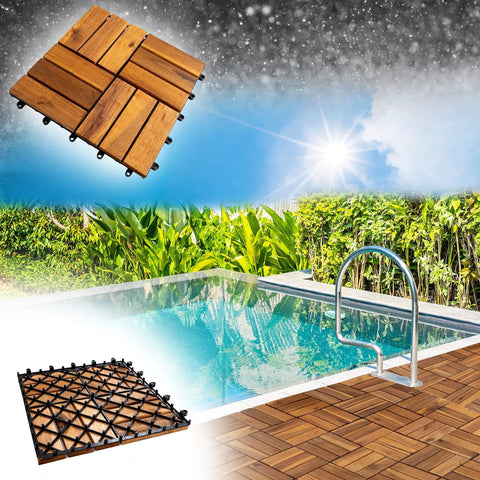 Acacia Wood Interlocking Deck Tiles 12x12 Inch Pack Of 9 For Indoor And Outdoor Use Waterproof All Weather Flooring by a pool.