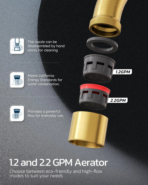 Exploded view of Dope Brushed Gold 8 Inch Widespread Bathroom Faucet components including aerator for water flow control.
