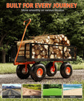 Heavy Duty Steel Garden Cart With 500 Lbs Capacity 3 In 1 Pullable Wagon loaded with firewood on gravel path