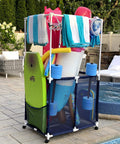 Big Pool Gear Organizer With Towel Bars And Mesh Rolling Bin next to a pool, holding pool toys and towels, Blue and White Style.