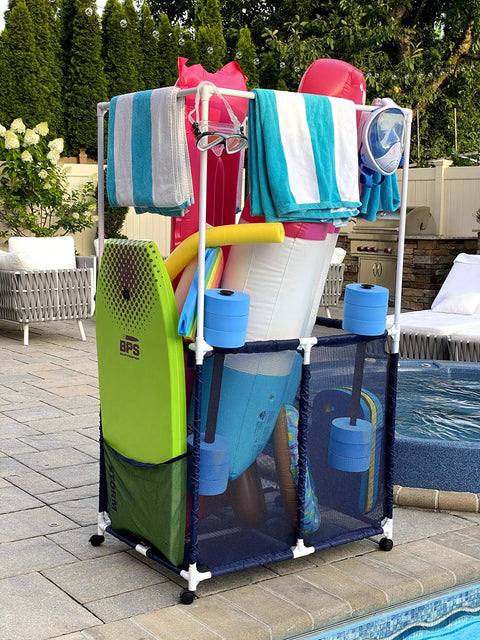 Big Pool Gear Organizer With Towel Bars And Mesh Rolling Bin next to a pool, holding pool toys and towels, Blue and White Style.