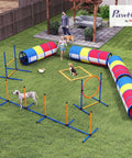 Outdoor scene with dogs using All In One Dog Agility Training Set 12 Piece Obstacle Course With Adjustable Hurdle And Ring Four Tunnels
