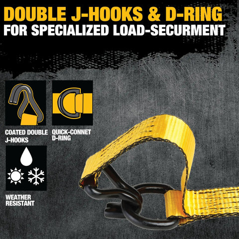 Heavy Duty Ratchet Straps 1.5 By 16 Feet With 5000 Pound Rating 2 Pack showing coated double J-hooks and D-ring for secure tie downs.