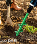 Garden Auger Drill Bit Set For Cordless Drills 2 Pack Bulb Planter Spiral Auger Tool in use in soil, showing green finish.
