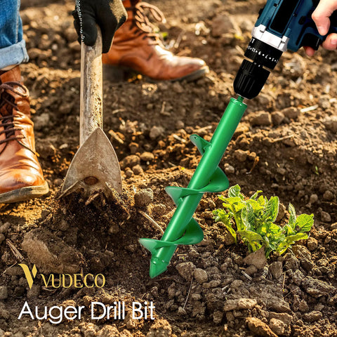 Garden Auger Drill Bit Set For Cordless Drills 2 Pack Bulb Planter Spiral Auger Tool in use in soil, showing green finish.