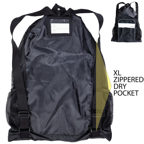 Mesh Swim Bag With Separate Wet And Dry Compartments, black design, XL zippered dry pocket visible, large 24 inches tall.