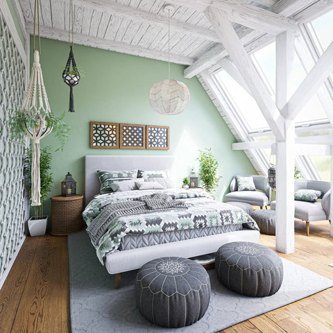 White Rattan Pendant Light Snaggle One Light Large Ceiling Fixture For Vaulted Ceilings With Rattan Shade in airy bedroom.