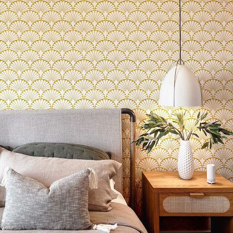 Bedroom with Gold Peel And Stick Wallpaper Self Adhesive For Cabinets And Walls Dope Boho Leaf Ginkgo Biloba Pattern Removable Contact Paper