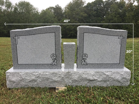 Custom Engraved Two Person Cemetery Memorial With Center Vase, Granite Headstone Double Monument, Companion Wing Upright Grave Marker For Loved Ones, Names And Dates Engraving With Proofs Included