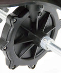 Close-up of wheel and axle on 100 Pound Pro Grade Turf Spreader For Contractors With Weatherproof Poly Hopper, Enclosed Acetal Gear.