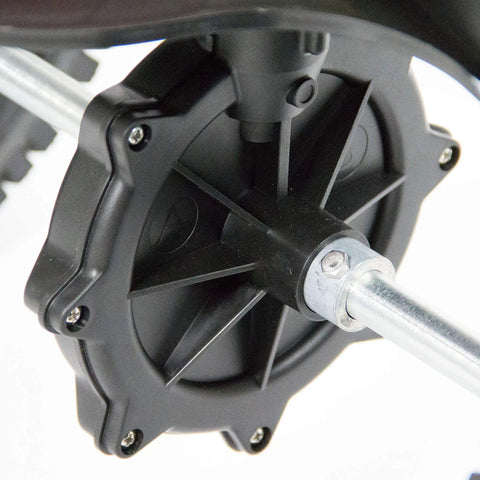 Close-up of wheel and axle on 100 Pound Pro Grade Turf Spreader For Contractors With Weatherproof Poly Hopper, Enclosed Acetal Gear.