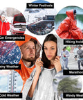 People wearing 4 Pack Emergency Survival Foil Poncho Reversible Thermal Mylar Orange Heat Retention, outdoors in rain and snow.
