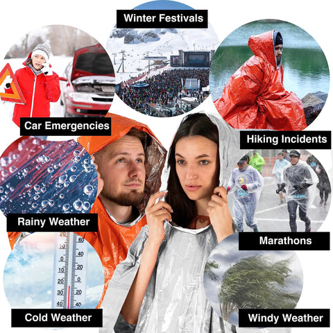 People wearing 4 Pack Emergency Survival Foil Poncho Reversible Thermal Mylar Orange Heat Retention, outdoors in rain and snow.