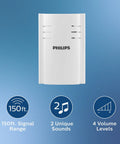 Wireless Doorbell Kit With Plug In Receiver And Push Button 150 Foot Range Four Volume Levels And Two Melodies Including Ding Dong And Westminster Easy Installation Battery Included Button No Wiring Needed Philips receiver with 150 ft range