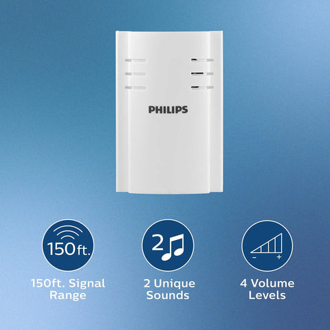 Wireless Doorbell Kit With Plug In Receiver And Push Button 150 Foot Range Four Volume Levels And Two Melodies Including Ding Dong And Westminster Easy Installation Battery Included Button No Wiring Needed Philips receiver with 150 ft range