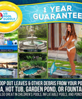 Woman using 5 Foot Leaf Skimmer Net with 4 Aluminum Pole Sections Ultra Fine Mesh Basket for pools and ponds