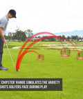 Golfer using Chipster Range Golf Chipping Practice Net Target System With Carrying Case Red Fast Popup Setup Three Target Zones