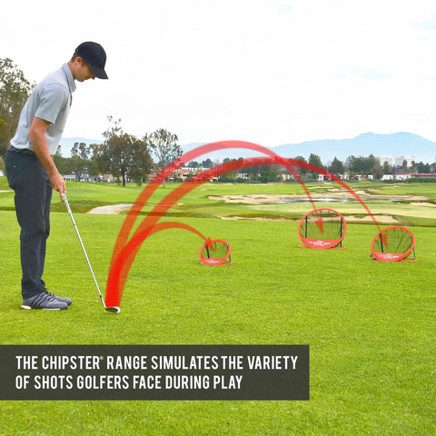 Golfer using Chipster Range Golf Chipping Practice Net Target System With Carrying Case Red Fast Popup Setup Three Target Zones