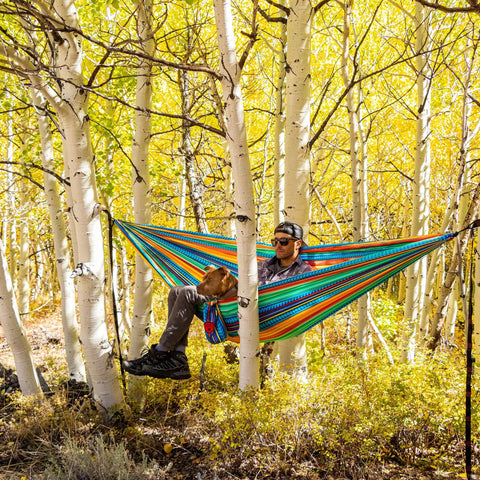 Double Deluxe Camping Hammock For Two 11 Ft Long With 500 Lb Capacity Ultralight Rugged Ripstop Nylon Reinforced Stitching Easy Setup