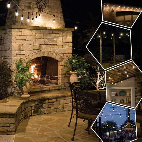 Cozy Cafe Style Outdoor String Lights With 48 Ft Black Cord 24 Shatterproof Acrylic Edison Bulbs Weatherproof For Patio Deck Garden Bars And Cafes Warm White Ambience For Indoor Or Outdoor Parties showcasing different settings including patio and garden areas.