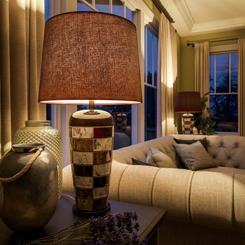 Torino Table Lamp With Ceramic Multicolor Squares Finish, Earth Tone Checkerboard Pattern, Brown Tapered Drum Shade, 30 Inch Height