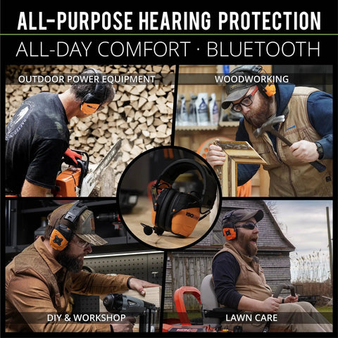 Collage of Bluetooth Earmuffs With 25 dB NRR Hearing Protection For Work Mowing And Construction OSHA Certified ANSI Approved