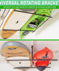 Garage Ceiling Kayak Rack With Adjustable Hangers For Two Kayaks SUPs And Surfboards Space Saving Ceiling Storage Solution Up To 200 Lb Total Capacity showcasing installed universal rotating brackets for overhead storage.