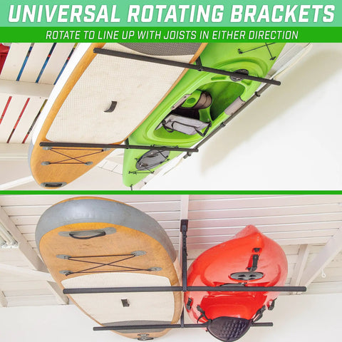 Garage Ceiling Kayak Rack With Adjustable Hangers For Two Kayaks SUPs And Surfboards Space Saving Ceiling Storage Solution Up To 200 Lb Total Capacity showcasing installed universal rotating brackets for overhead storage.