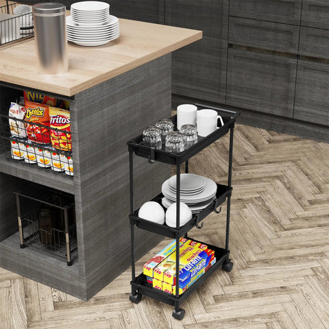 Slim 3 Tier Rolling Storage Cart for Narrow Spaces Black Metal Frame with Easy Glide Casters in kitchen