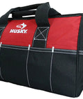 18 Inch Water Resistant Tool Bag With 29 Pockets Including 13 Internal And 16 External Shoulder Strap Heavy Duty 600 Denier Polyester Built Tough For Contractors And DIYers, shown with red and black design.