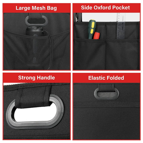 Close-up of Road Trip Ready Trunk Organizer for Car and SUV, Two Compartment Collapsible 50L Storage Box, mesh bag and pocket details.