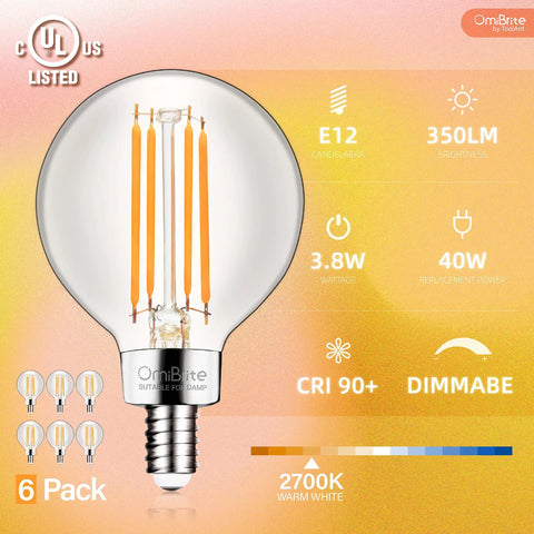 Dope LED Globe Bulbs G16.5 With E12 Base, 2700K Warm White, 95 CRI, Dimmable And Flicker Free, 6 Pack product image