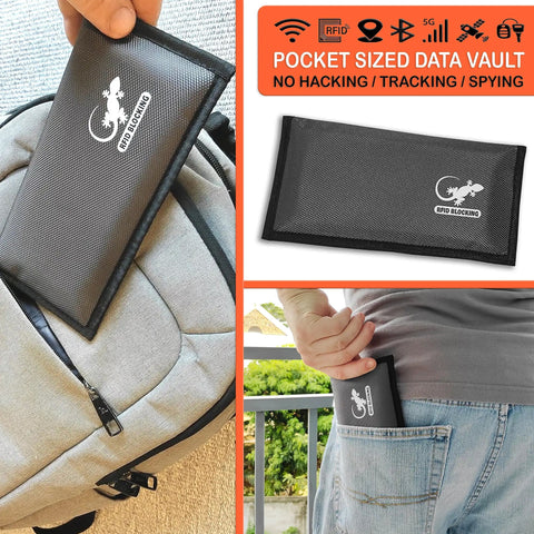 All Signal Shielding Phone And Card Pouch With RFID Blocking And GPS Blocker in use, pocket insertion and backpack storage view.