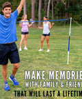 Portable Backyard Badminton Set With A 20 Foot Net And 4 Racquets For Adults And Kids Easy To Assemble Fun Outdoor Lawn Game Great For Family Hangouts And Backyard Showdowns shown in use with players