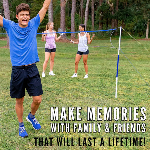 Portable Backyard Badminton Set With A 20 Foot Net And 4 Racquets For Adults And Kids Easy To Assemble Fun Outdoor Lawn Game Great For Family Hangouts And Backyard Showdowns shown in use with players