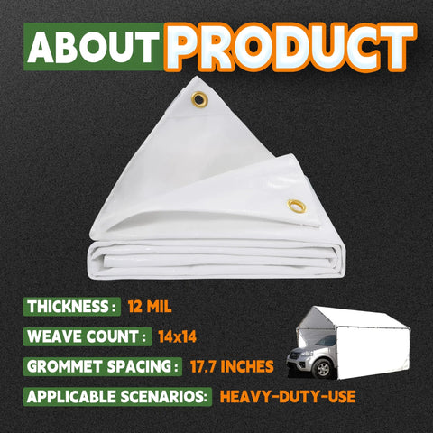 Ultra Thick 12 Mil White Tarp 20x30 Feet UV Resistant Waterproof Poly Tarp With Reinforced Edges And Metal Grommets