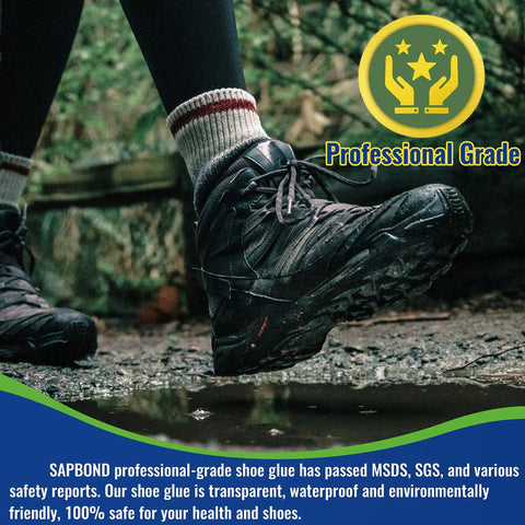 Hiking boot stepping on rocks, highlighting Quick Dry Shoe Glue For Sneakers, Boots, Sandals And More, Pro Grade Waterproof Clear Adhesive.