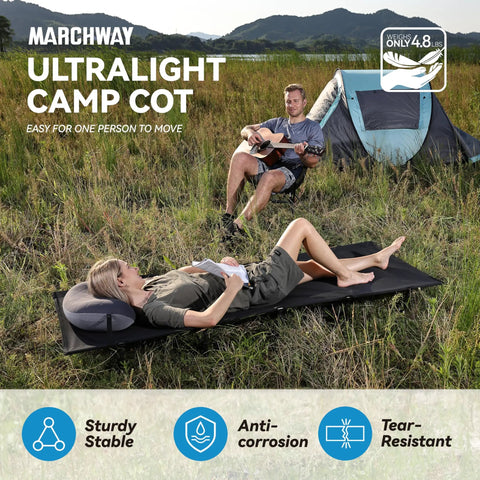 Ultralight Folding Camping Cot Bed For Outdoor Travel Portable And Compact Base Camp Ready Perfect For Hiking shown outdoors