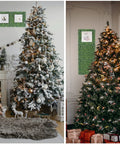 Living room with Christmas trees and decor, faux greenery wall panels, showing Ultra Dense Faux Boxwood Wall Panels 10-Inch By 10-Inch Set Of 10 Real Privacy For Outdoor Fences UV Resistant Greenery Backdrop No See Through Gaps, installed inside.