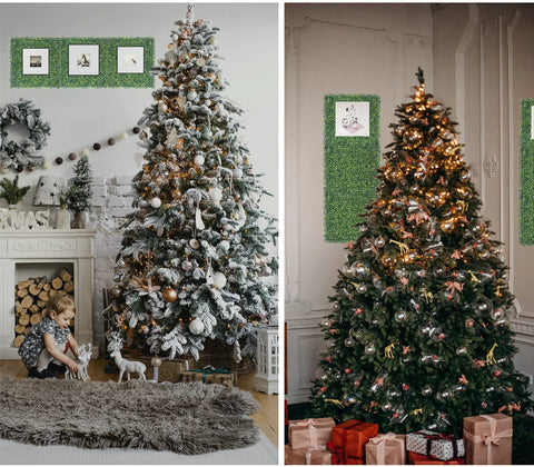Living room with Christmas trees and decor, faux greenery wall panels, showing Ultra Dense Faux Boxwood Wall Panels 10-Inch By 10-Inch Set Of 10 Real Privacy For Outdoor Fences UV Resistant Greenery Backdrop No See Through Gaps, installed inside.