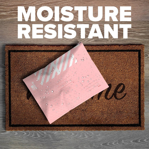 Red Poly Bubble Mailer Size 2 Small 8.5 x 11 Inch Pack Of 4 on doormat, showing moisture-resistant feature