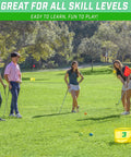 Yard Links Backyard Golf Game Outdoor Chipping Set For Family Fun And Your Crew Easy To Learn On The Lawn Beach Or Park Build A 3 Hole Course Includes 3 Buckets 3 Flags 3 Tee Markers 4 Golf Balls Scorecard And Carry Case. Group playing backyard golf on grass with bucket hole and flags