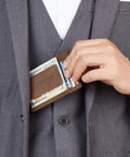 Man holding Ultra Slim Wallet For Men With RFID Blocking 13.56 MHz, Front Pocket Money Clip, Minimalist Card Holder, Coffee Color