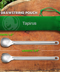 9.4 Inch Long Spork and Spoon Set for Camping and Hiking with Deep Reach Stainless Steel Utensils and green drawstring pouch