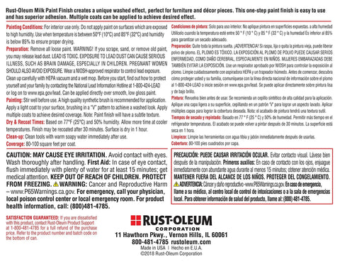 Rust-Oleum paint label with instructions and warnings in English and Spanish, focus on Rust-Oleum Milk Paint Finish details.