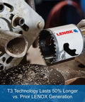 Lenox 2-inch hole saw with arbor, mounted on a drill, silver body with red Lenox logo